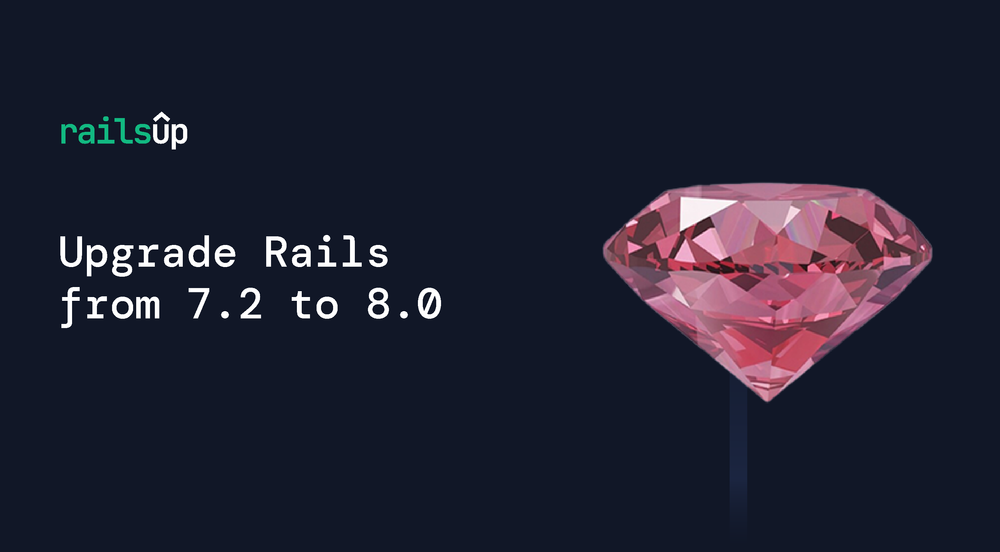 Ruby gem displayed on right side of the image representating Ruby on Rails and on the left we have the blog title Upgrade Rails from 7.2 to 8.0